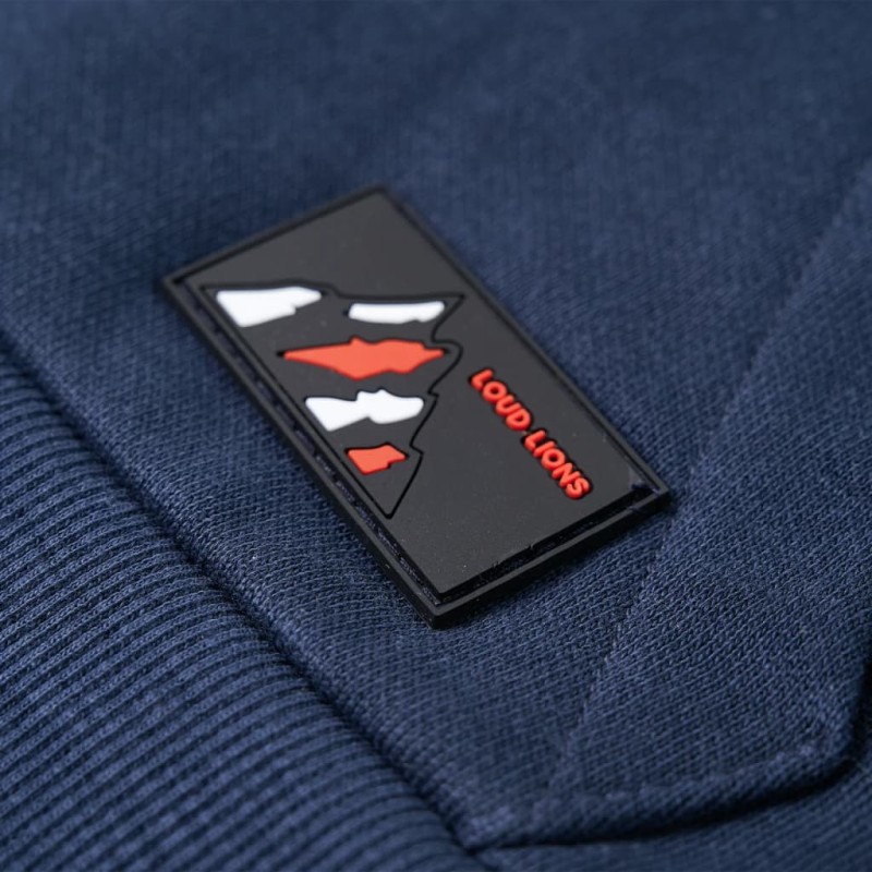 Sötétkék melange és narancs kapucnis gyerek pulóver 104