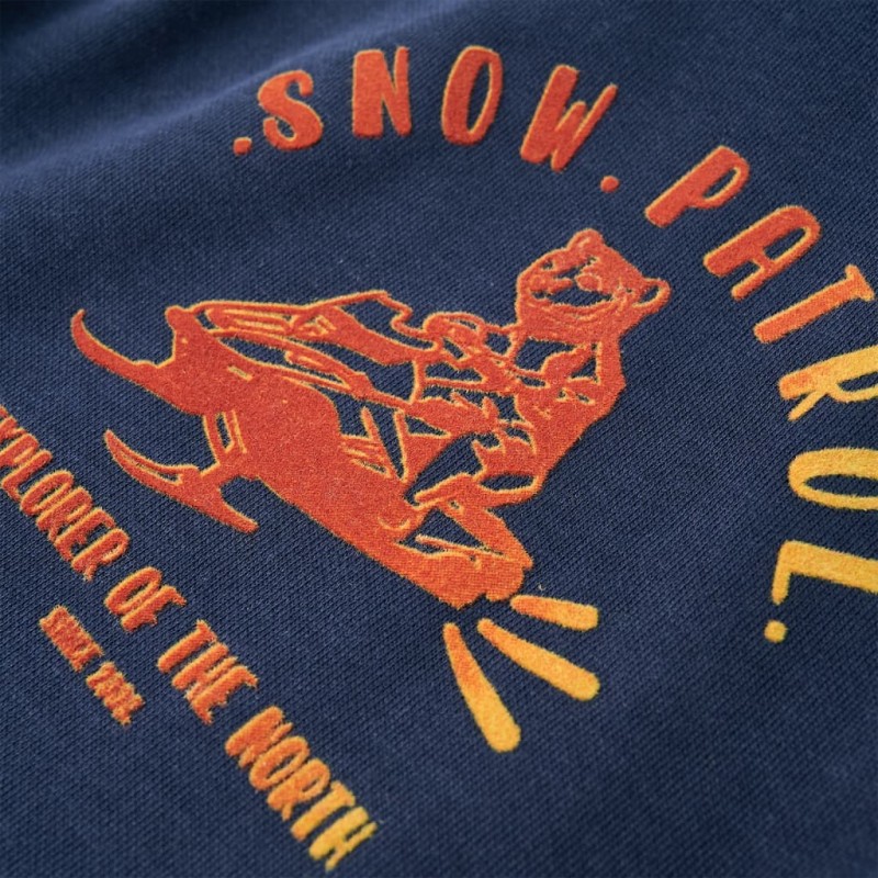 Sötétkék melange és narancs kapucnis gyerekpulóver 116