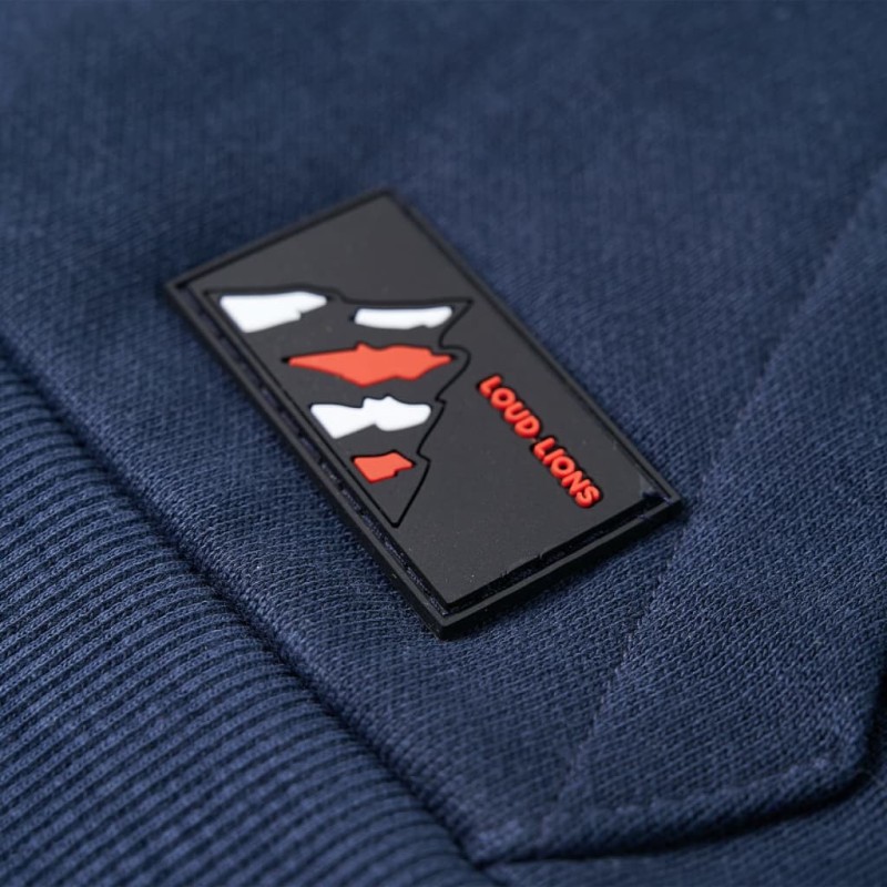 Sötétkék melange és narancs kapucnis gyerek pulóver 140